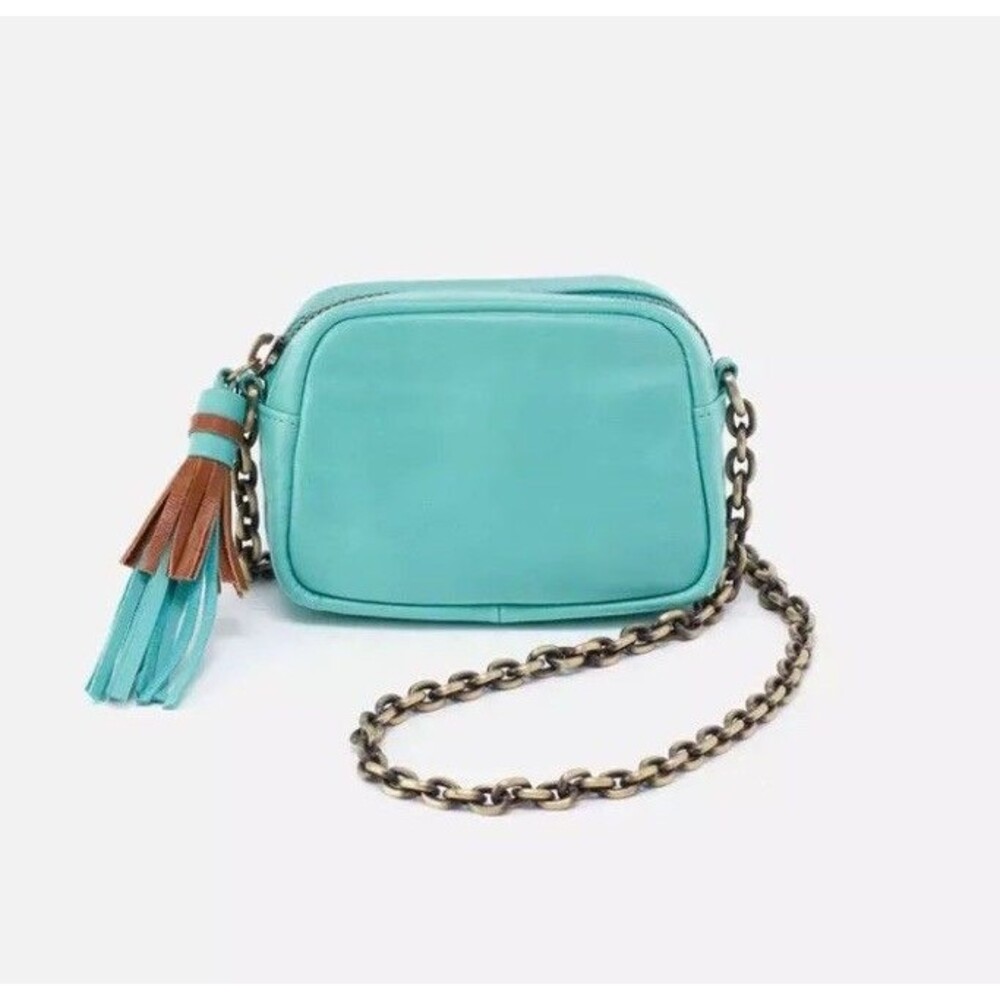 HOBO INT Micro Mini Crossbody Bag Tassel Antique Gold Chain Zips Light Aqua EUC